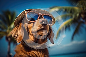 Cool Dog With A Laidback Beach Vibe Wearing Sunglasses And A Hat photo
