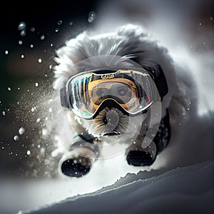 Cool Dog in ski goggles rides a snowboard. Illustration Generative AI