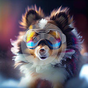 Cool Dog in ski goggles rides a snowboard. Illustration Generative AI