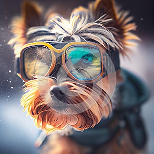 Cool Dog in ski goggles rides a snowboard. Illustration Generative AI