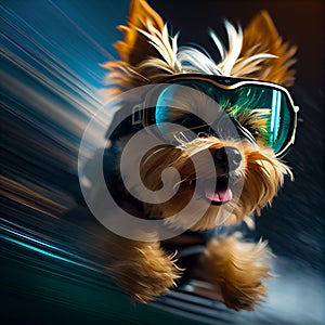 Cool Dog in ski goggles rides a snowboard. Illustration Generative AI