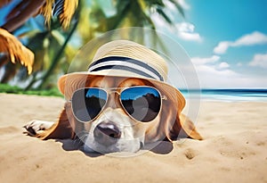 Cool dog with sunglasses and hat on the beach