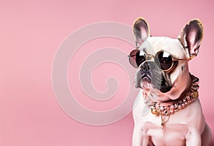 Cool dog with sunglasses and neckless on pink background. Copy space for text. Fashionable appearance, be trendy. Style