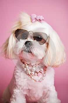 Cool dog with sunglasses and neckless on pink background. Fashionable appearance, be trendy. Style and fashion. Stylish