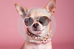 Cool dog with sunglasses and neckless on pink background. Fashionable appearance, be trendy. Style and fashion. Stylish