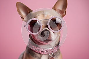 Cool dog with sunglasses and neckless on pink background. Fashionable appearance, be trendy. Style and fashion. Stylish