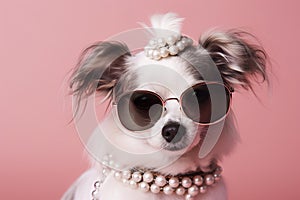 Cool dog with sunglasses and neckless on pink background. Fashionable appearance, be trendy. Style and fashion. Stylish