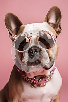 Cool dog with sunglasses and neckless on pink background. Fashionable appearance, be trendy. Style and fashion. Stylish