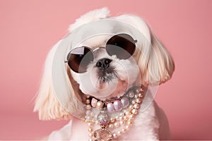 Cool dog with sunglasses and neckless on pink background. Fashionable appearance, be trendy. Style and fashion. Stylish