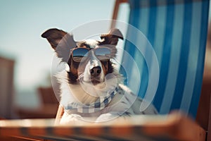 Cool dog with sunglasses relaxing in deck chair at beach