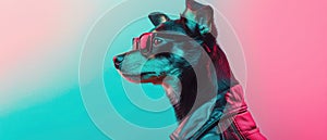 Cool Dog Wearing Sunglasses and Leather Jacket in Neon Light
