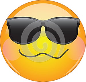 Cool drunken blushing emoji. Yellow face emoticon wearing sunglasses with a crumpled mouth, and blush on cheeks expressing drunken