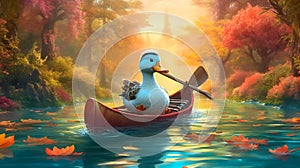 A cool duck canoeing down a serene river Generative AI