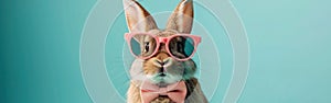 Cool Easter Bunny with Shades & Bow Tie - Funny Holiday Greeting Card Animal Concept on Green Background