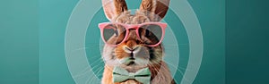 Cool Easter Bunny with Shades & Bow Tie - Funny Holiday Greeting Card Animal Concept on Green Background