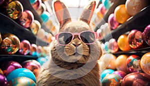 cool Easter bunny in sunglasses with colorful Easter eggs on background. cartoon character