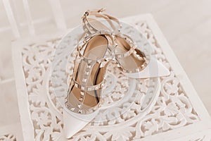 Cool elegant white shoes for women. Close-up