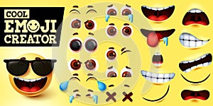 Cool emoji smiley creator vector set. Smiley emojis maker in cool happy face photo