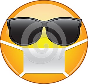 Cool emoticon wearing a mask. Yellow emoji wearing sunglasses and health mask to protect from germs, viruses, air pollution and