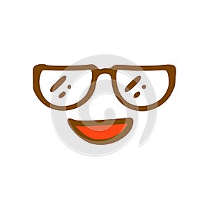 Cool face in glasses doodle icon. Emoticon in hand drawn style