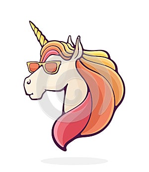 Cool fairytale unicorn in sunglasses. Magic horse. Vector illustration. Hand drawn cartoon clip art with outline