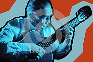 Cool fashion elderly man strum an acoustic guitar. Rock, classic, jazz concert collage poster. Contemporary art concept