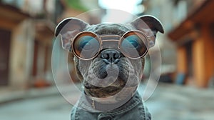 cool fashion french bulldog puppy wearing round sunglasses