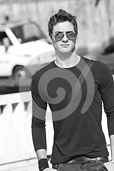 Cool fashion model plain t-shirt sunglasses