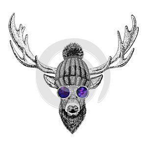 Cool fashionable deer Hipster animal Vintage style illustration for tattoo, logo, emblem, badge design