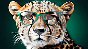 Cool feline, leopard character in eyeglasses, wild jungle animal portrait