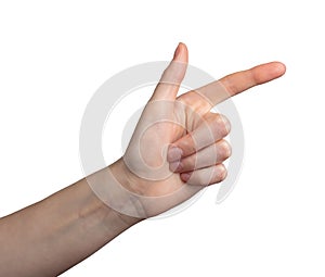 Cool, finger and hand gesture, pointing aside isolated on white