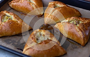 Cool five pies with chicken filling on a baking sheet