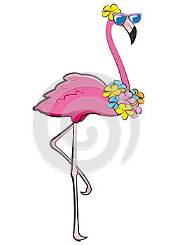 Cool flamingo with sunglasses and flower garland