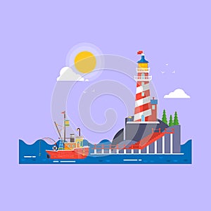 Cool flat design fishing boat seaway transportation. Lighthouse on rock stones island cartoon vector background. Vector