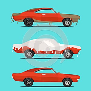 Cool flat illustration on dirty and clean car. wash stages process from to .