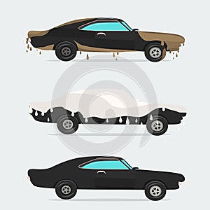 Cool flat illustration on dirty and clean car. wash stages process from to .