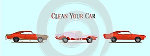 Cool flat illustration on dirty and clean car. wash stages process