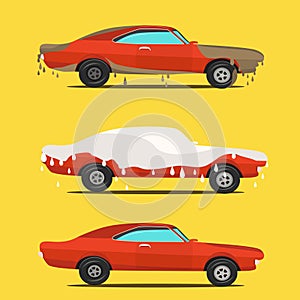 Cool flat illustration on dirty and clean car. wash stages process