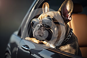 Cool French bulldog wearing sunglasses enjoys car rid in sun rays. Generative AI