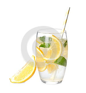 Cool freshly made lemonade in glass isolated on white