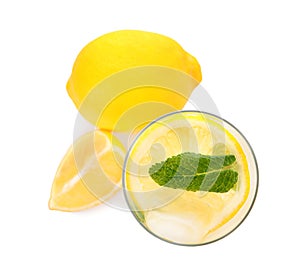 Cool freshly made lemonade in glass isolated on white, top view