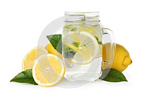 Cool freshly made lemonade and ingredients on white background