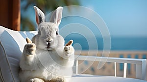 Cool fun white bunny rabbit chillin on chair at beach with thumbs up background