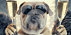 Cool, Funny Bulldog Wearing Sunglasses, Holding A Glass Of Champagne, In 3D