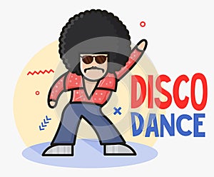 Cool funny cartoon disco dancer mascot.  Soul Party Time. Funk or disco style. Retro afro character. Young man dressed in 1970s
