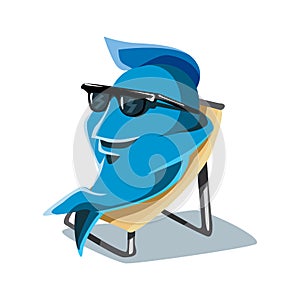 Cool Funny Cute Dude Cartoon Character FIsh Taking Sunbath on Beach Chair