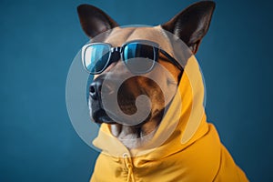 Cool and funny dog in a yellow hoodie with sunglasses isolated on a blue background. Ai generated