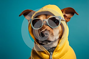 Cool and funny dog in a yellow hoodie with sunglasses isolated on a blue background. Ai generated