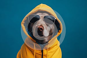 Cool and funny dog in a yellow hoodie with sunglasses isolated on a blue background. Ai generated