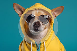 Cool and funny dog in a yellow hoodie with sunglasses isolated on a blue background. Ai generated